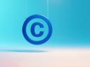 Floating copyright bright blue symbol showing symbols for digital copyright, patent protection