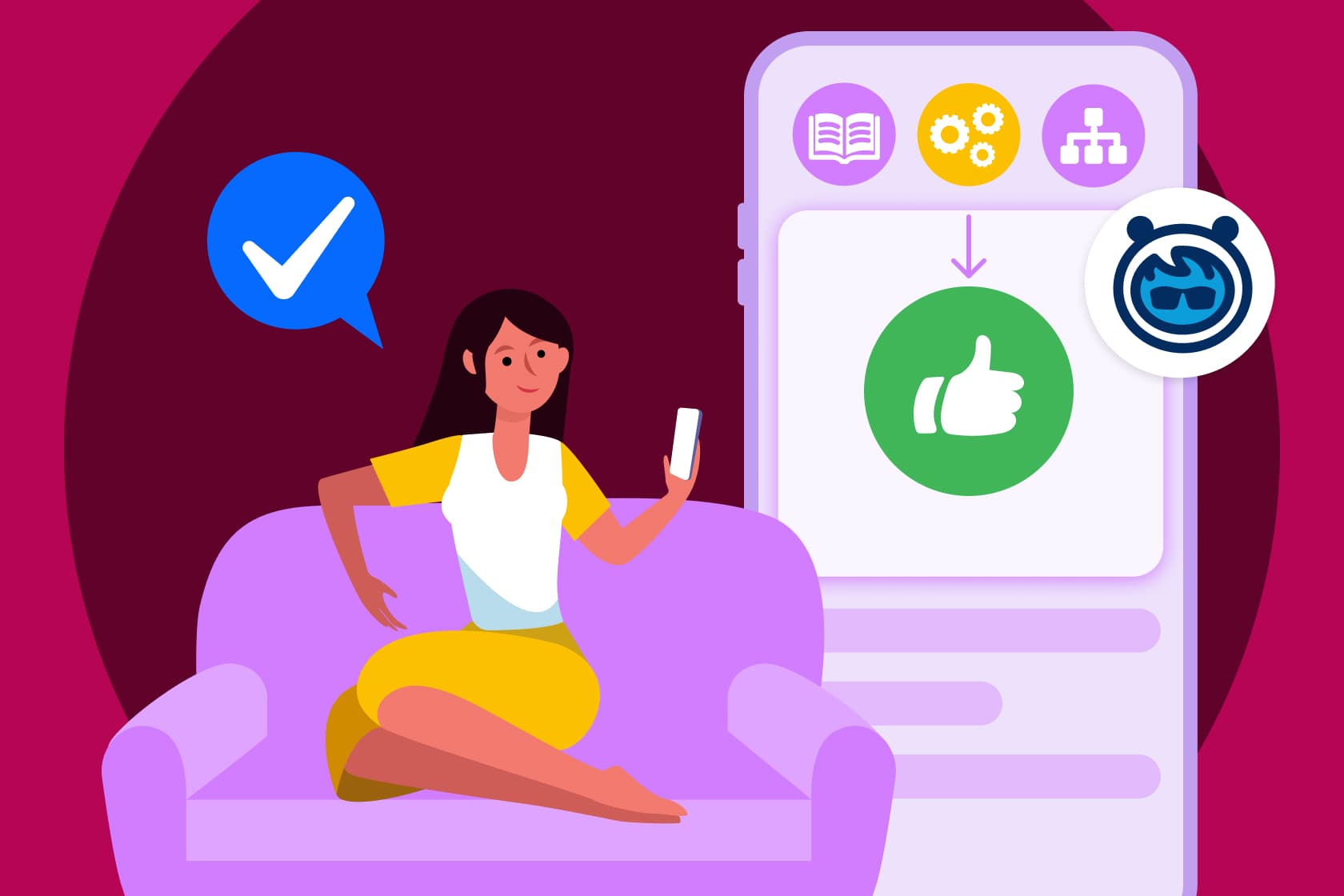 Illustration of a customer on her couch, receiving proactive service on her phone.