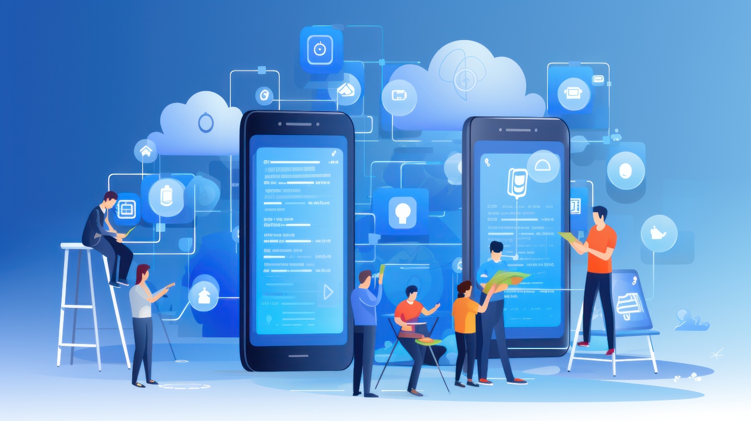 Illustration of a product development cycle for small teams through technology icons, mobile apps and development icons.