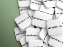 ServiceNow logo on white chips scattered on a green background.