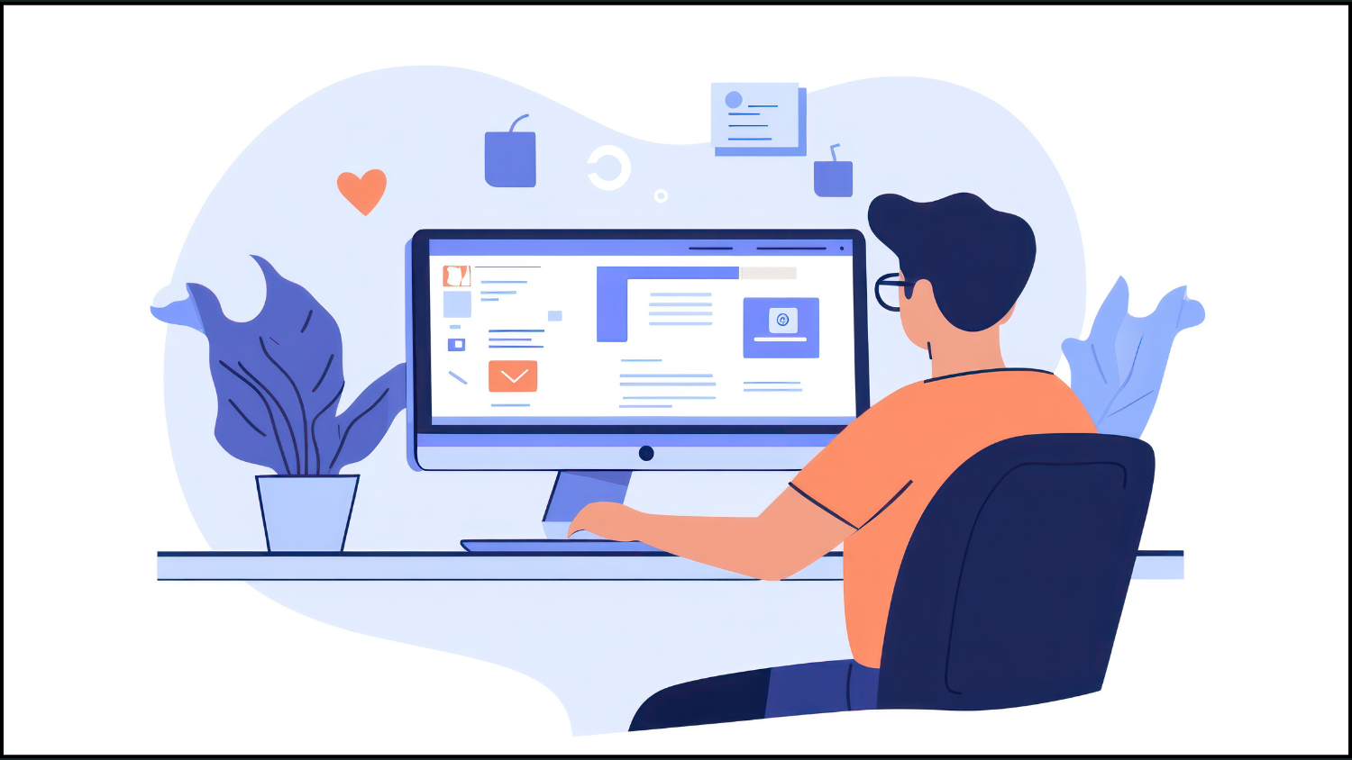 A young man sits at his desk, working on his computer. He is wearing glasses and a casual orange t-shirt. There are plants on the desk and the image is done in a flat design style.