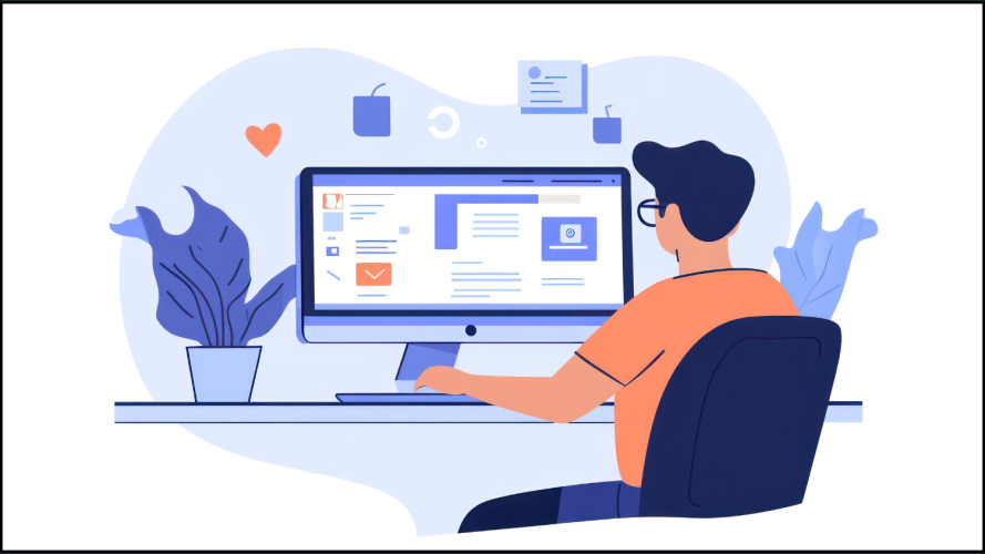 A young man sits at his desk, working on his computer. He is wearing glasses and a casual orange t-shirt. There are plants on the desk and the image is done in a flat design style.