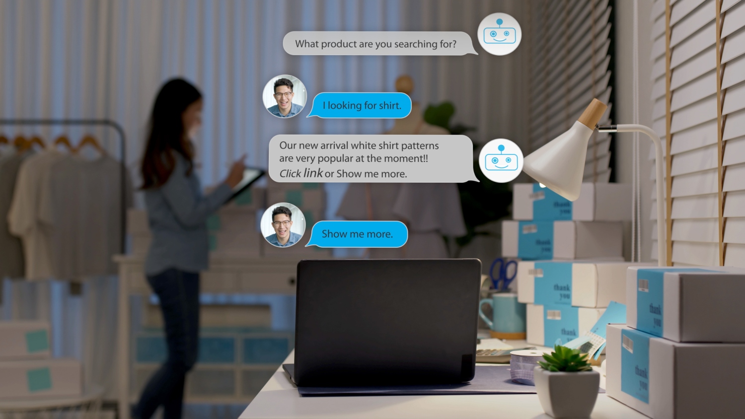 Chatbot conversation on laptop screen app interface with artificial intelligence technology providing virtual robotic assistant customer support and information for small business SME B2C concept.