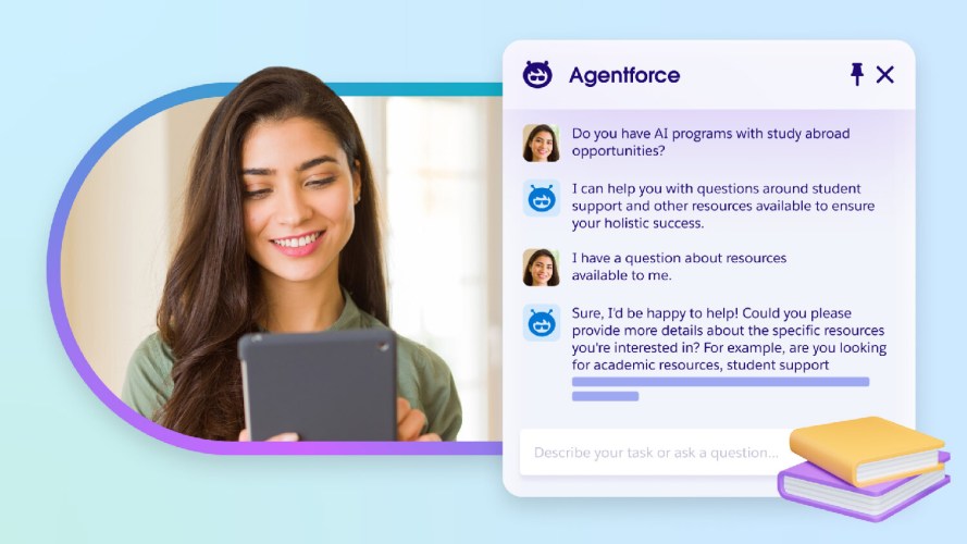 A woman using a tablet next to an Agentforce interface discussing university study abroad programs.
