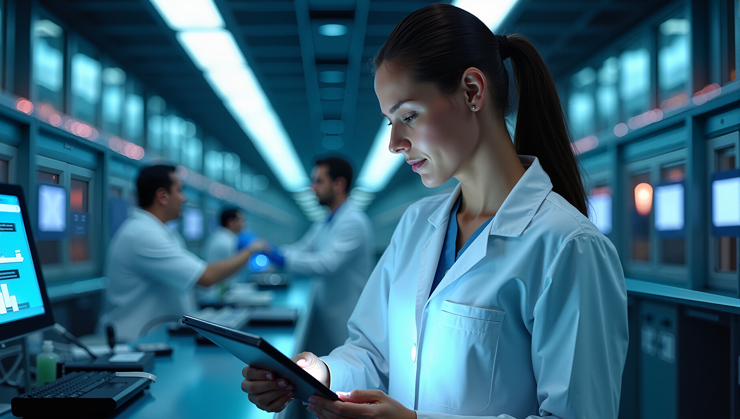 Woman in lab coat reviews document on iPad in a medical lab.