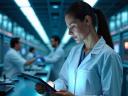 Woman in lab coat reviews document on iPad in a medical lab.