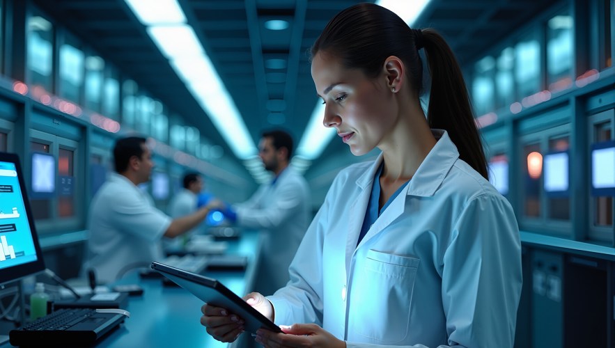 Woman in lab coat reviews document on iPad in a medical lab.