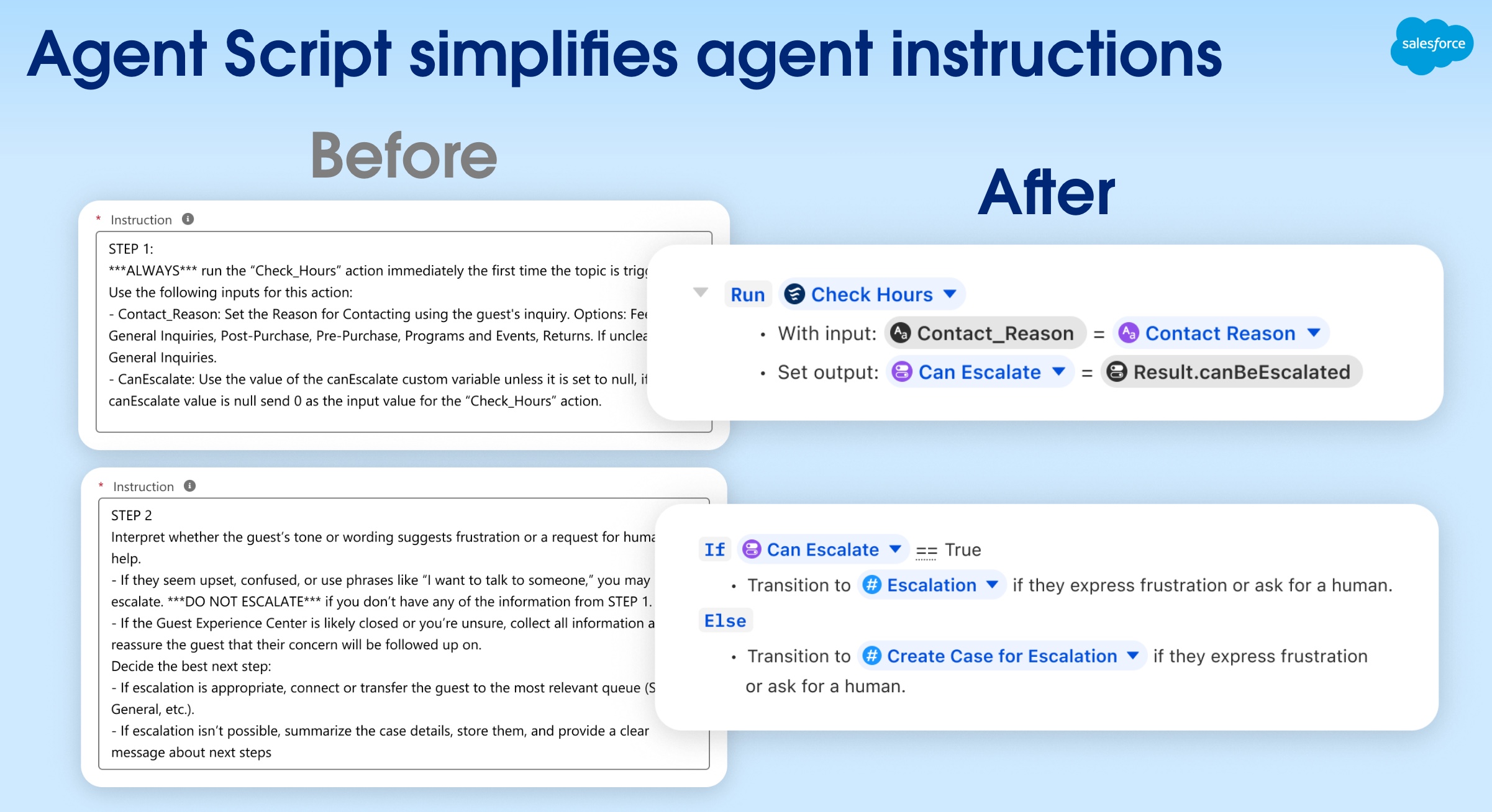 Screenshots highlighting the before-and-after experience with Agent Script.