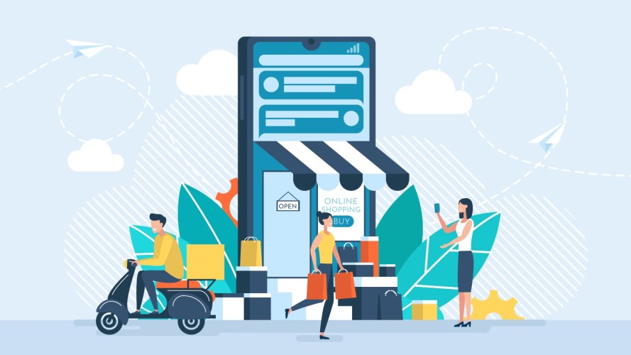 Illustration of online shopping on social media app and online store via mobile phone ecommerce platform for small business.