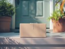 A simple brown package sits on the doorstep of a home surrounded by potted plants, illustrating delivery and dropshipping services.