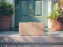 A simple brown package sits on the doorstep of a home surrounded by potted plants, illustrating delivery and dropshipping services.