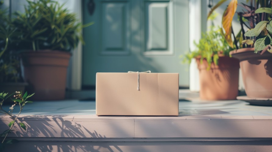 A simple brown package sits on the doorstep of a home surrounded by potted plants, illustrating delivery and dropshipping services.
