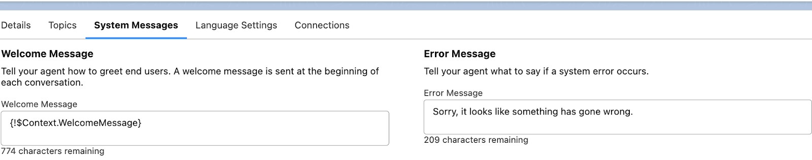 Detail shot of Systems Messages and fields to configure welcome message and error message.