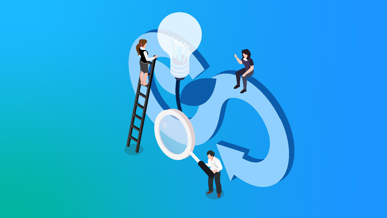 Isometric illustration of people using a ladder and magnifying glass to examine a lightbulb icon.