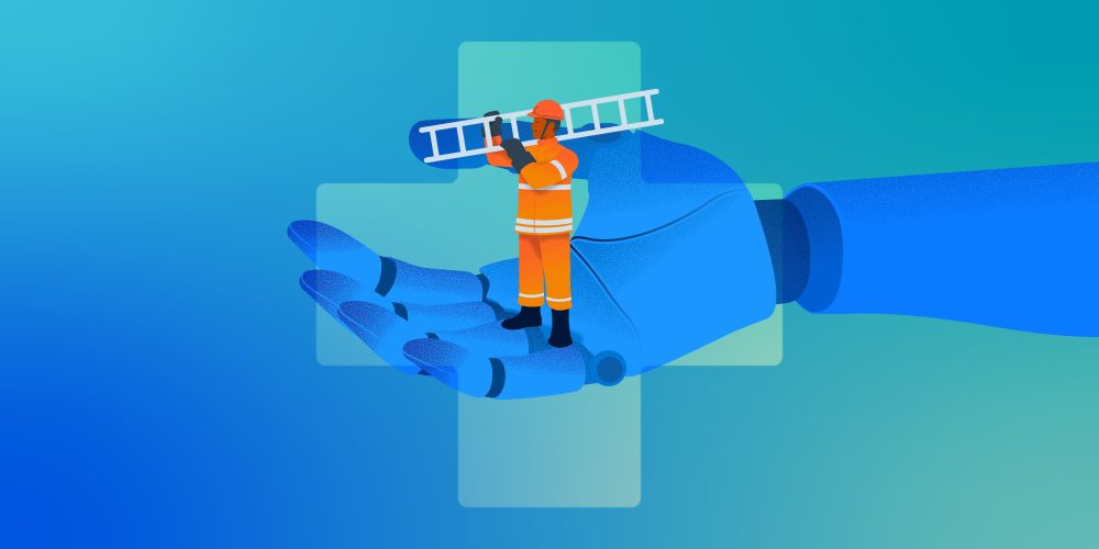 A first responder holding a ladder stands on a robotic hand.