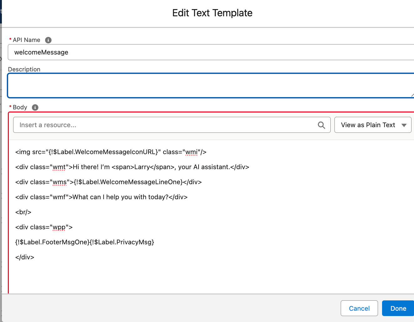 Detail shot of Edit Text Template.
