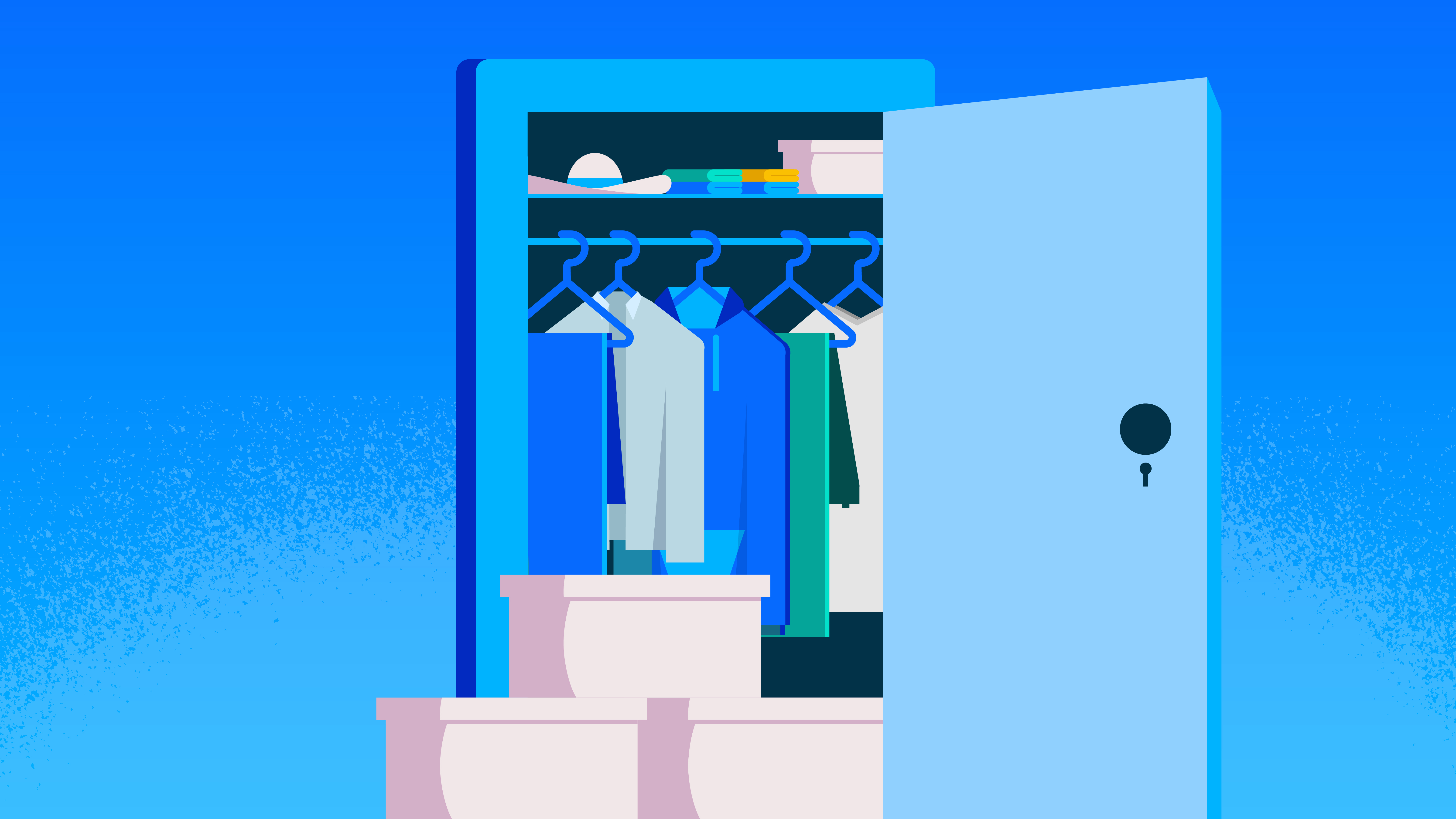 An illustration of a tidy closet with shirts on hangers, folded clothes on a top shelf, and several storage bins stacked on the floor in front, all in a blue-toned color palette.