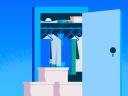 An illustration of a tidy closet with shirts on hangers, folded clothes on a top shelf, and several storage bins stacked on the floor in front, all in a blue-toned color palette.