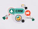 CRM collage with icons and hands