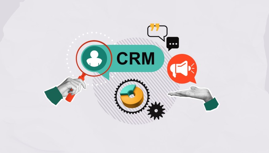 CRM collage with icons and hands