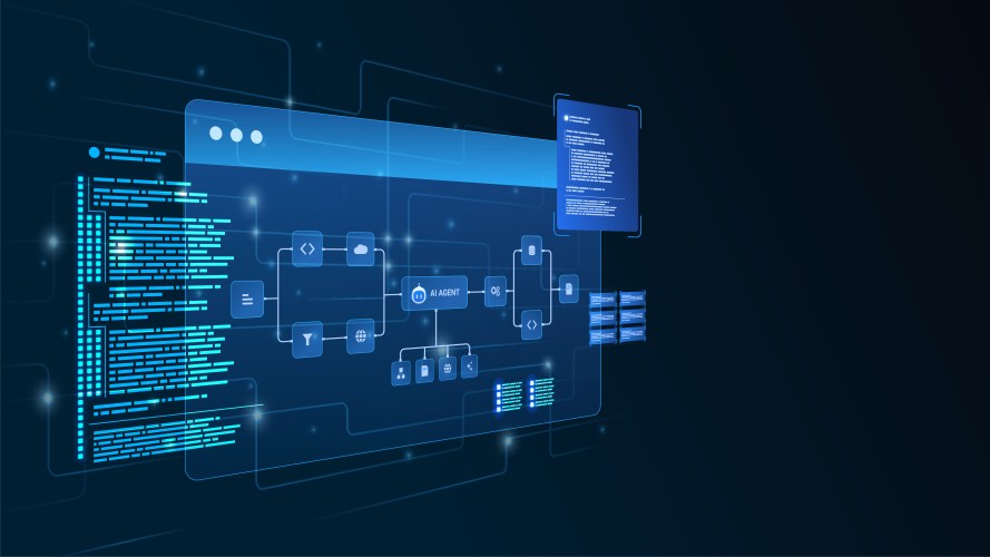 AI agent development screens overlayed on dark background.