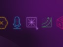 Decorative icons on purple gradient.