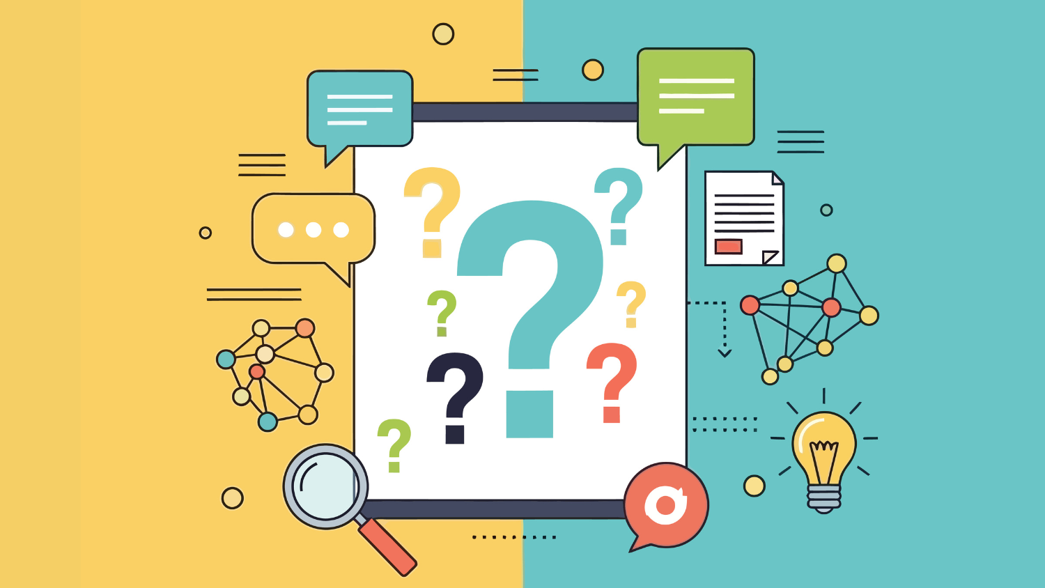 Illustration depicting question marks, speech bubbles, and network icons to represent brainstorming and problem solving.