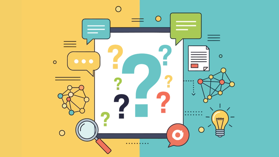 Illustration depicting question marks, speech bubbles, and network icons to represent brainstorming and problem solving.