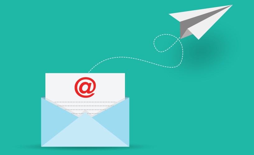 Mail sent arrow and envelope Email marketing concept, vector design on teal background.