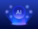 AI globe on blue background with Automation and Big data Cyber Secure, Biotech and Engineering Tools icons