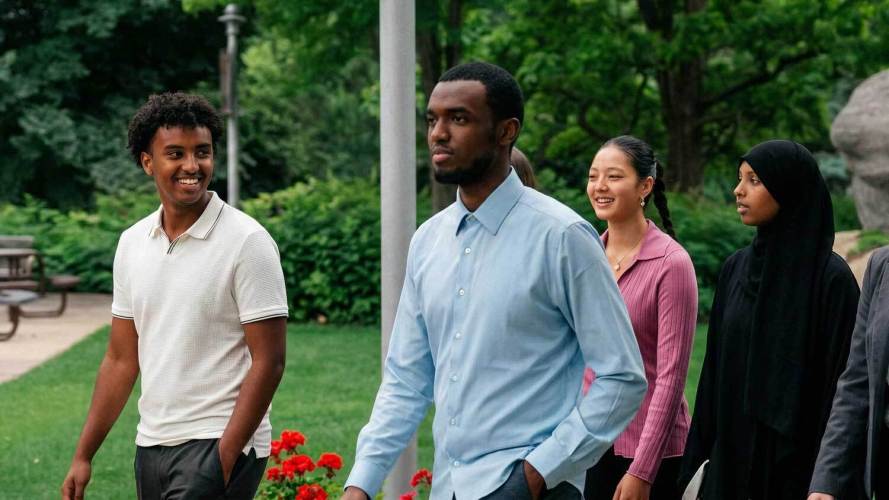 Four people walk in a park