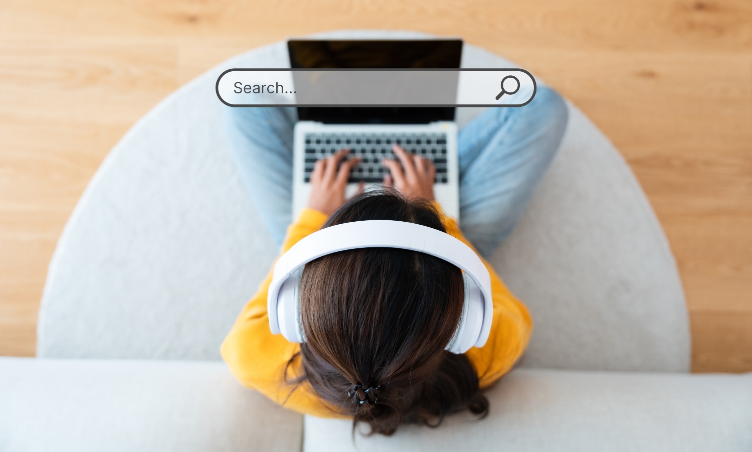 Top view of women using a laptop to find what they are interested in using internet marketing search.