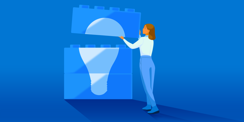 Woman putting two pieces of a puzzle together