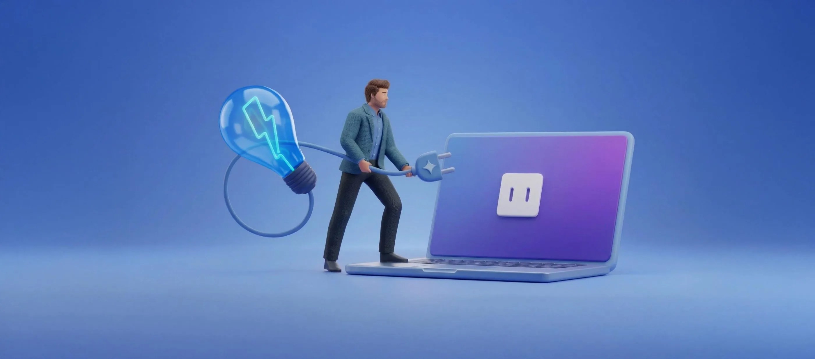 Innovating with AI: A man plugs a lightbulb into a computer