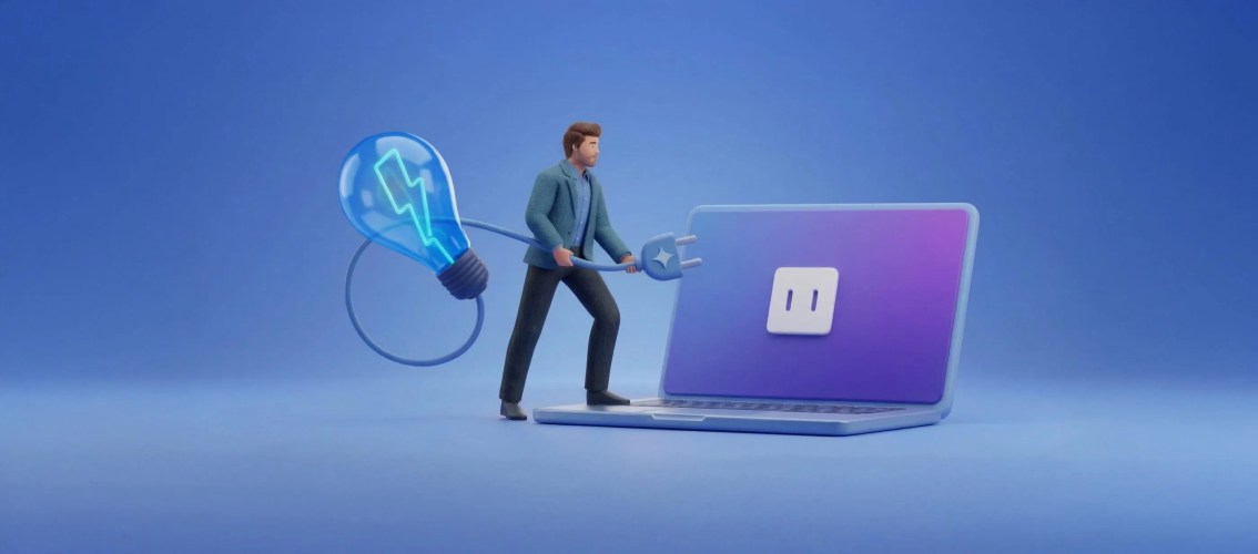 Innovating with AI: A man plugs a lightbulb into a computer