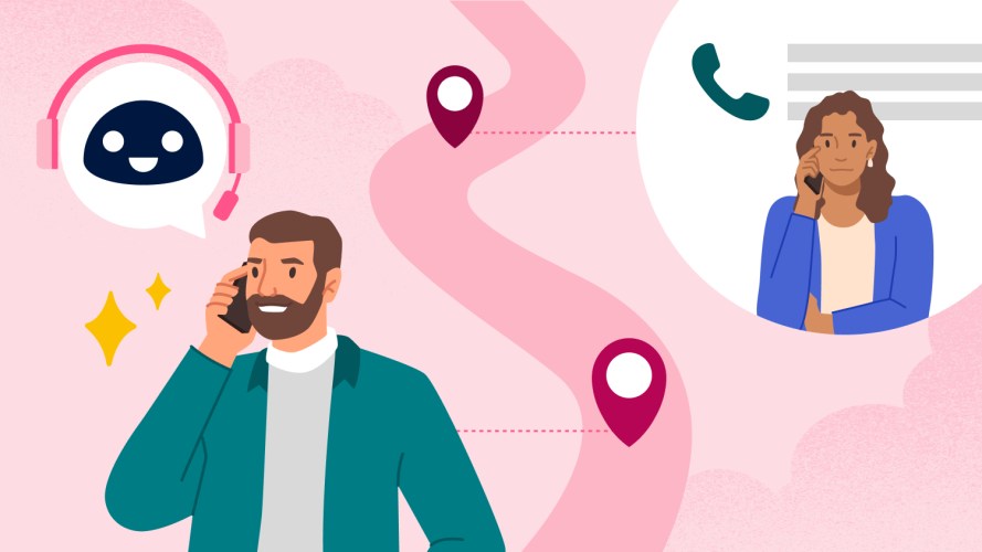 A winding road showing old voice support with a customer on the phone, and current voice support with a customer speaking to an AI agent.