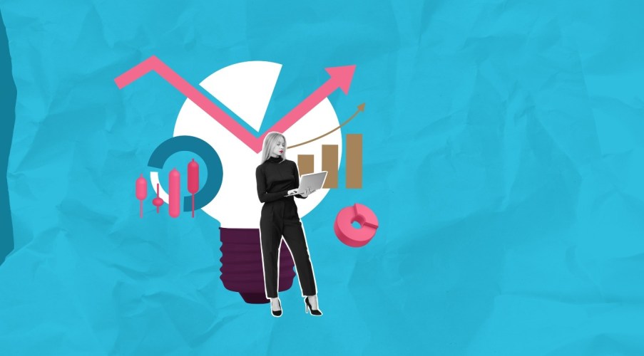 A woman standing holding a computer with icons around her showing microproductivity