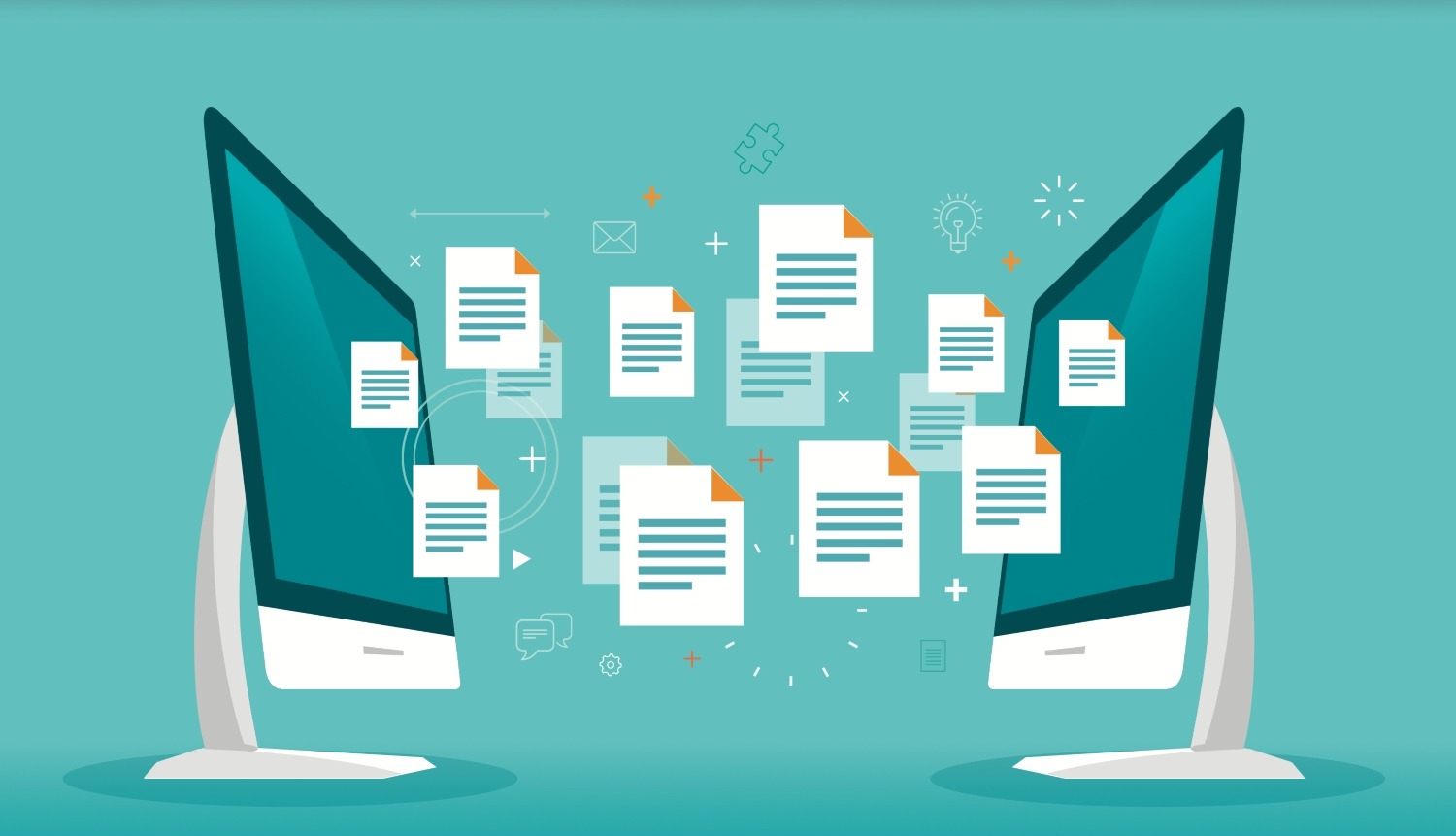 Illustration of two computers facing each other sharing files, with documents in between them on a teal background.