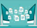 Illustration of two computers facing each other sharing files, with documents in between them on a teal background.