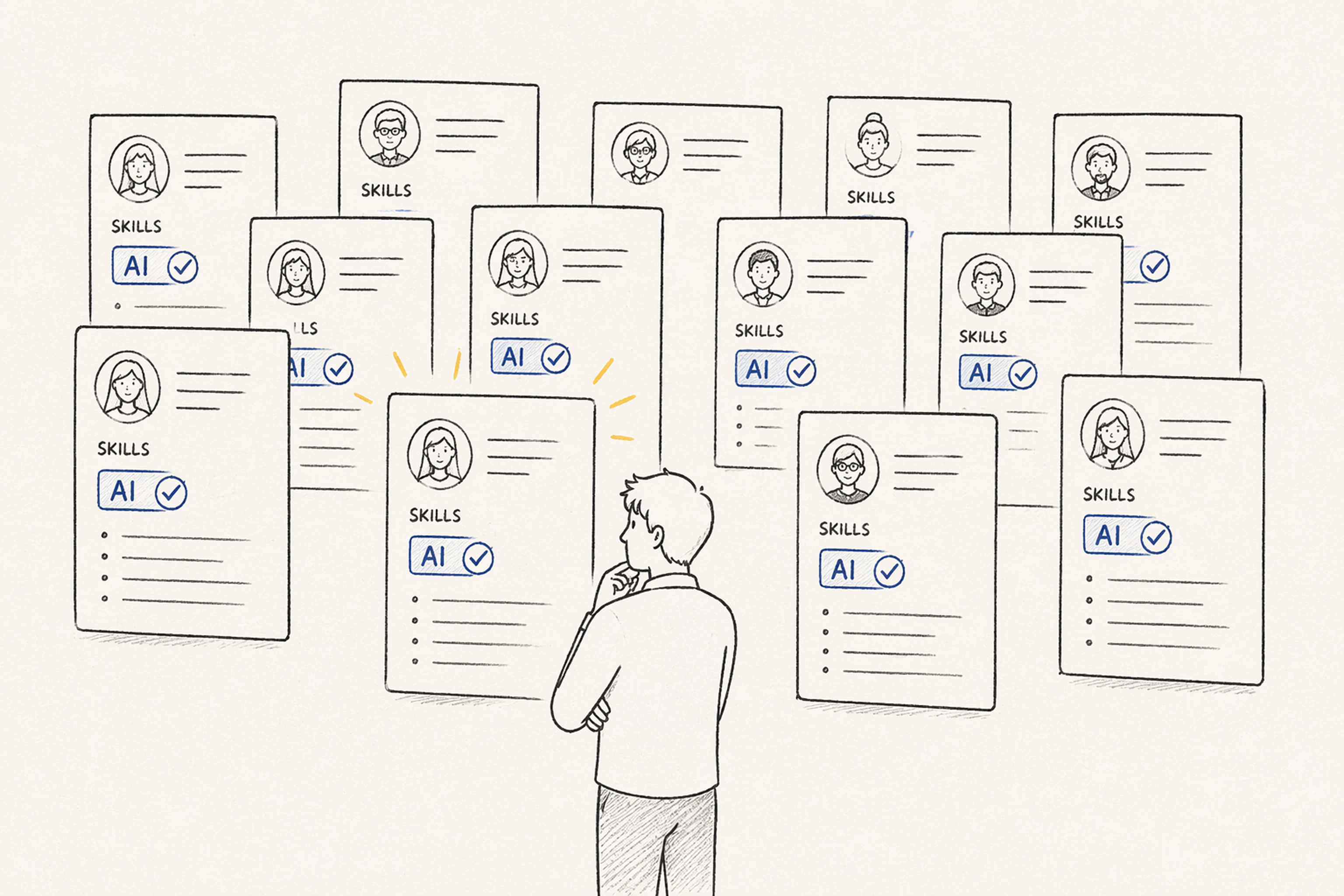 A hand-drawn sketch of a person reviewing multiple résumé sheets, where each résumé includes “AI” as a checked skill.
