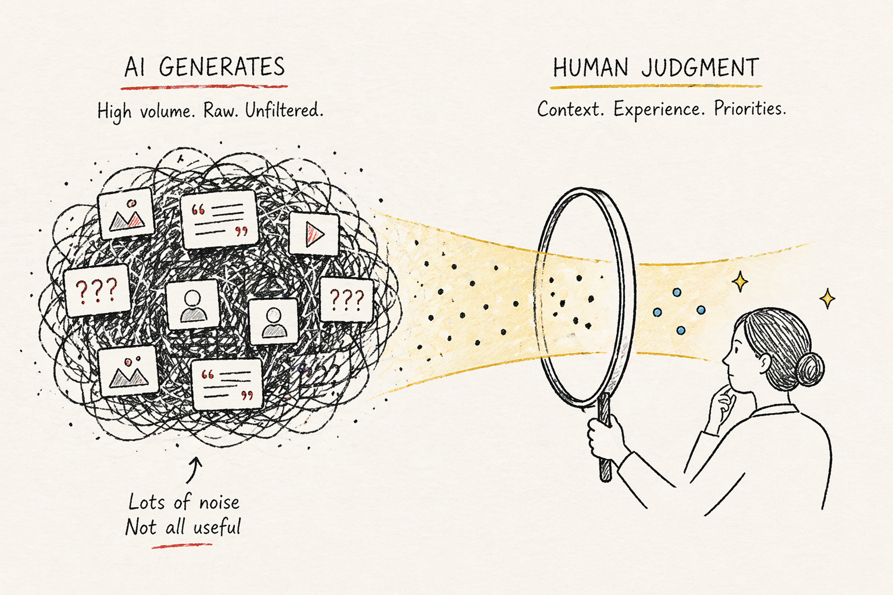 Hand-drawn illustration showing AI output as a messy cluster of content cards being filtered through human judgment into clearer, more useful signals.