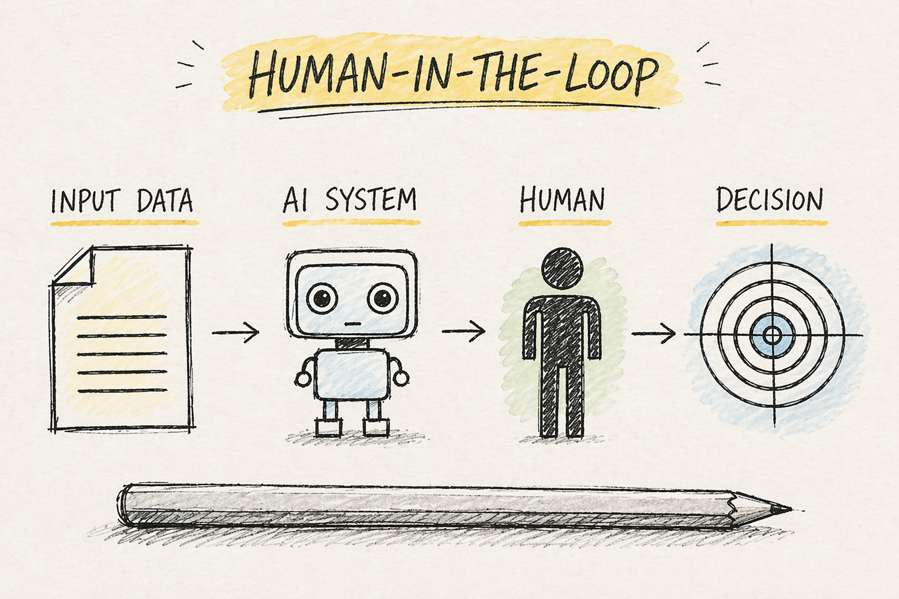 Hand-drawn diagram showing a human-in-the-loop workflow: input data flows into an AI system, then to a human, and ends with a decision.