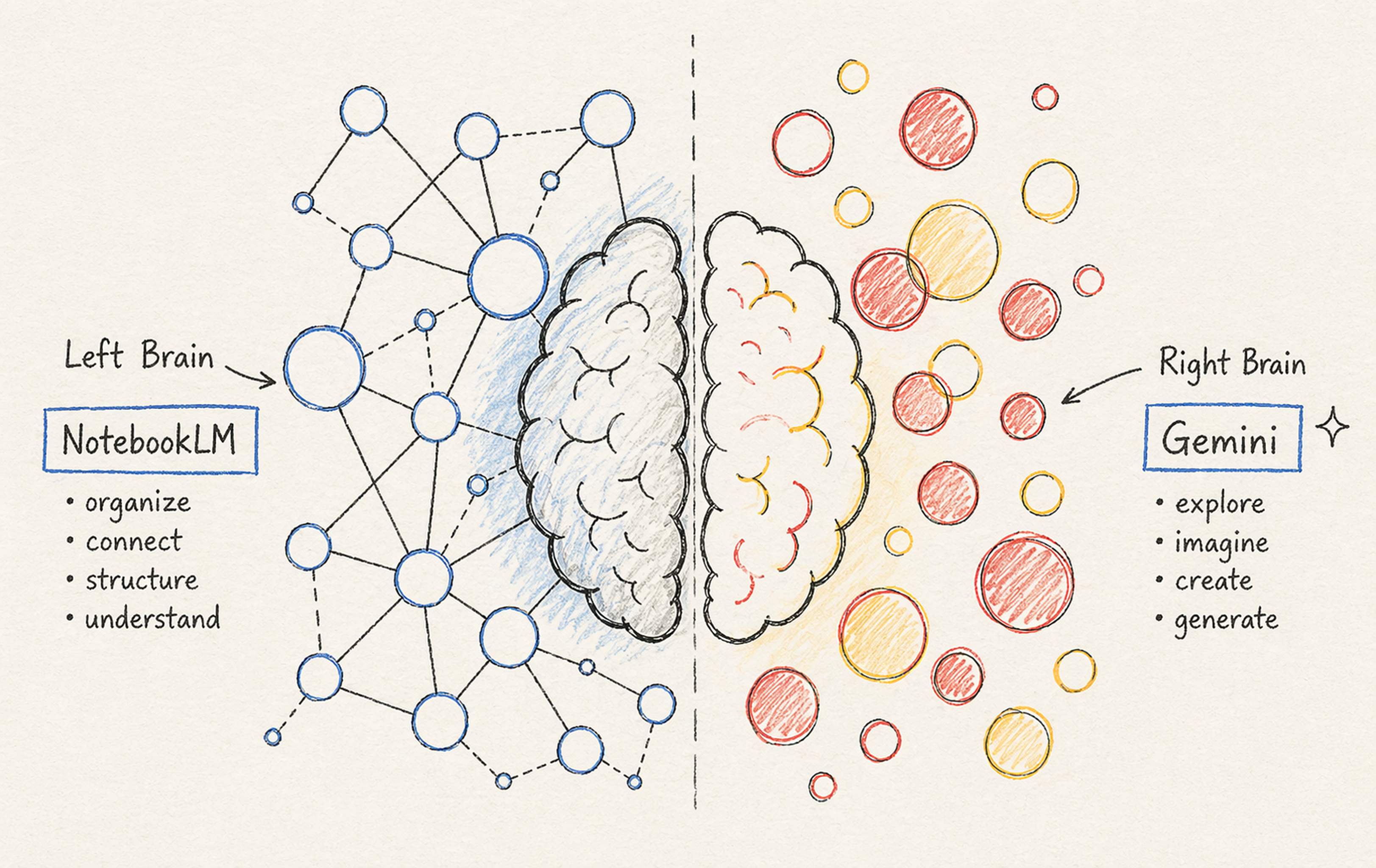 Hand-drawn split-brain illustration showing NotebookLM as structured connected nodes on the left and Gemini as creative idea bubbles on the right.
