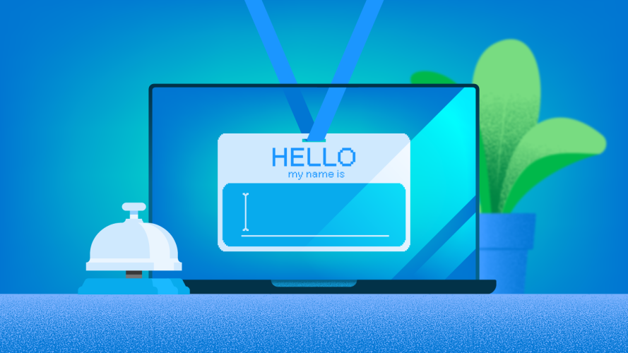 Naming an AI agent: A computer screen with a name badge on it