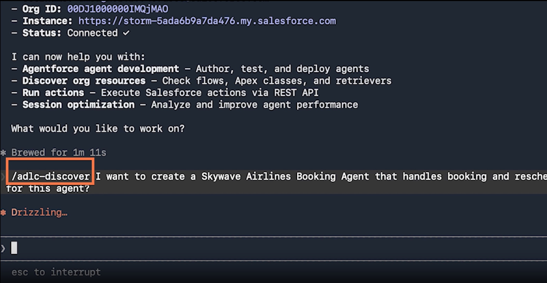 A screenshot from the demo using an Agentforce skill in Claude Code.