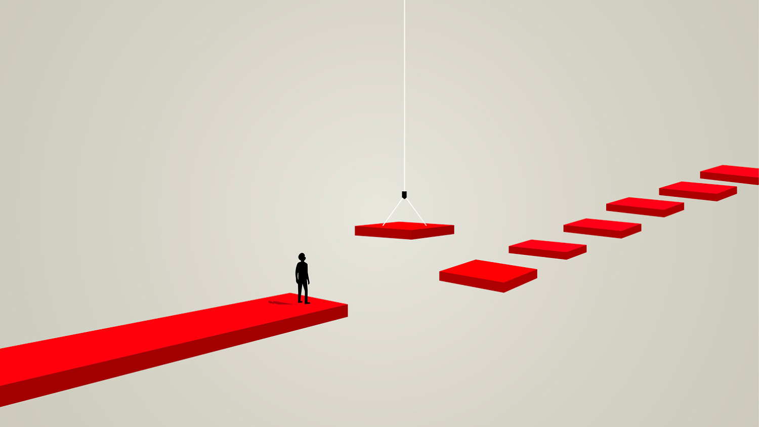 A person standing on a long red path with stepping stones leading upwards.