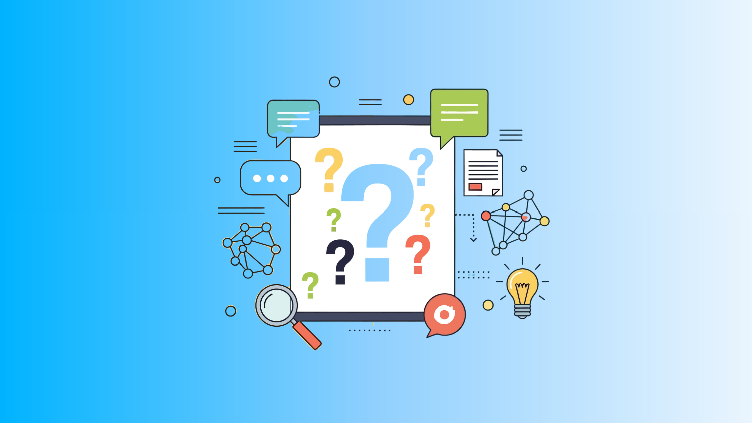 Illustration depicting question marks, speech bubbles, and network icons to represent brainstorming and problem solving.