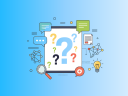 Illustration depicting question marks, speech bubbles, and network icons to represent brainstorming and problem solving.