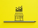 Small Business Growth Analytics Concept - Local Shop Icon with Rising Chart