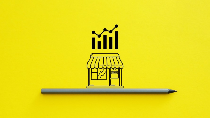 Small Business Growth Analytics Concept - Local Shop Icon with Rising Chart